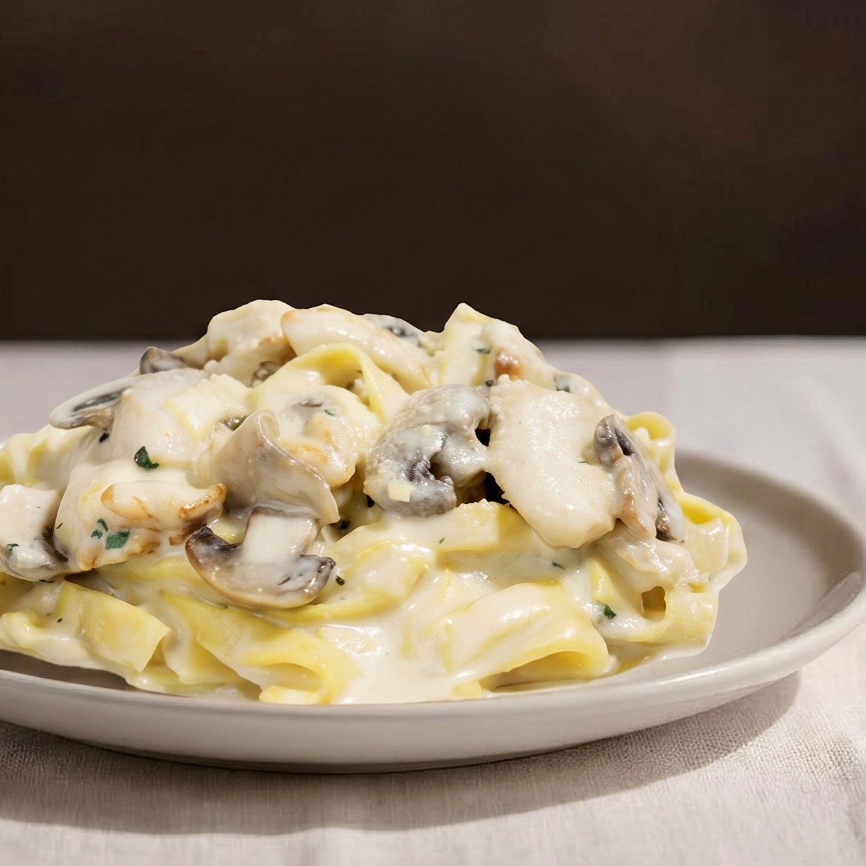 Fettuccine con Panna Chicken and Mushrooms.