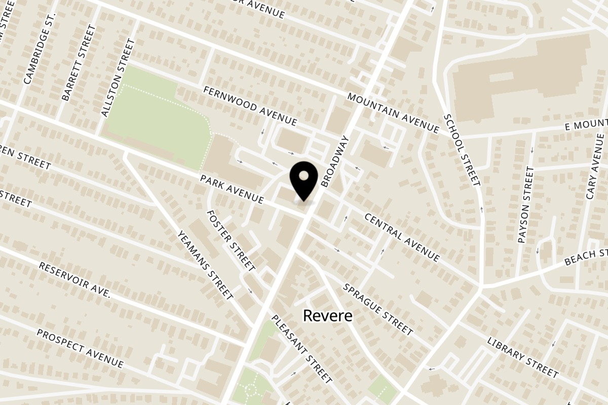 Map showing the location of Volare Restaurant & Bar on 388 Broadway in Revere